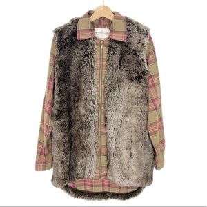 NWT Artisan de Luxe Faux Fur Plaid Shirt Jacket Long Sleeves Brown Sz XS